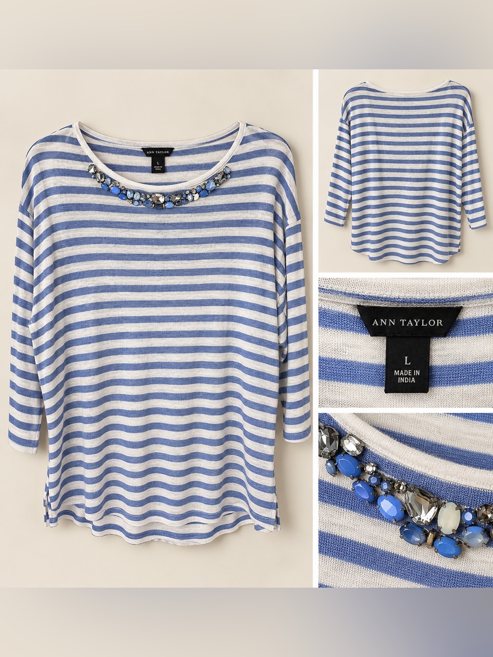 Ann Taylor Blue and White Striped Jewel-Neck Long Sleeve Tee
